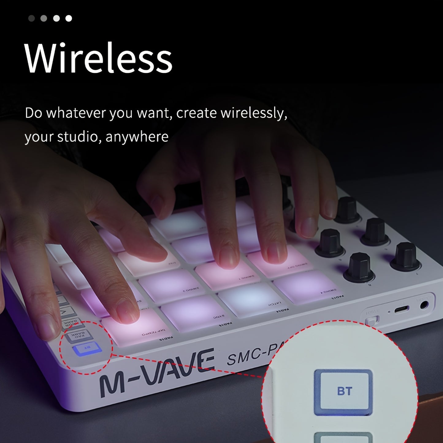 The M-VAVE Wireless MIDI Controller is compatible with DAWs, has a built-in battery, backlit buttons, rotary encoders, RGB drum pads, touch feedback, MIDI output, and note repeat function.