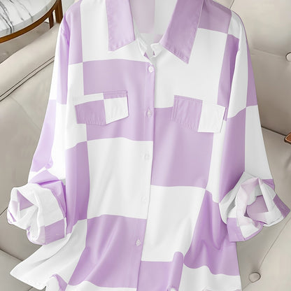 Striped Print Button Front Shirt for plus-size women, perfect for Spring & Fall.