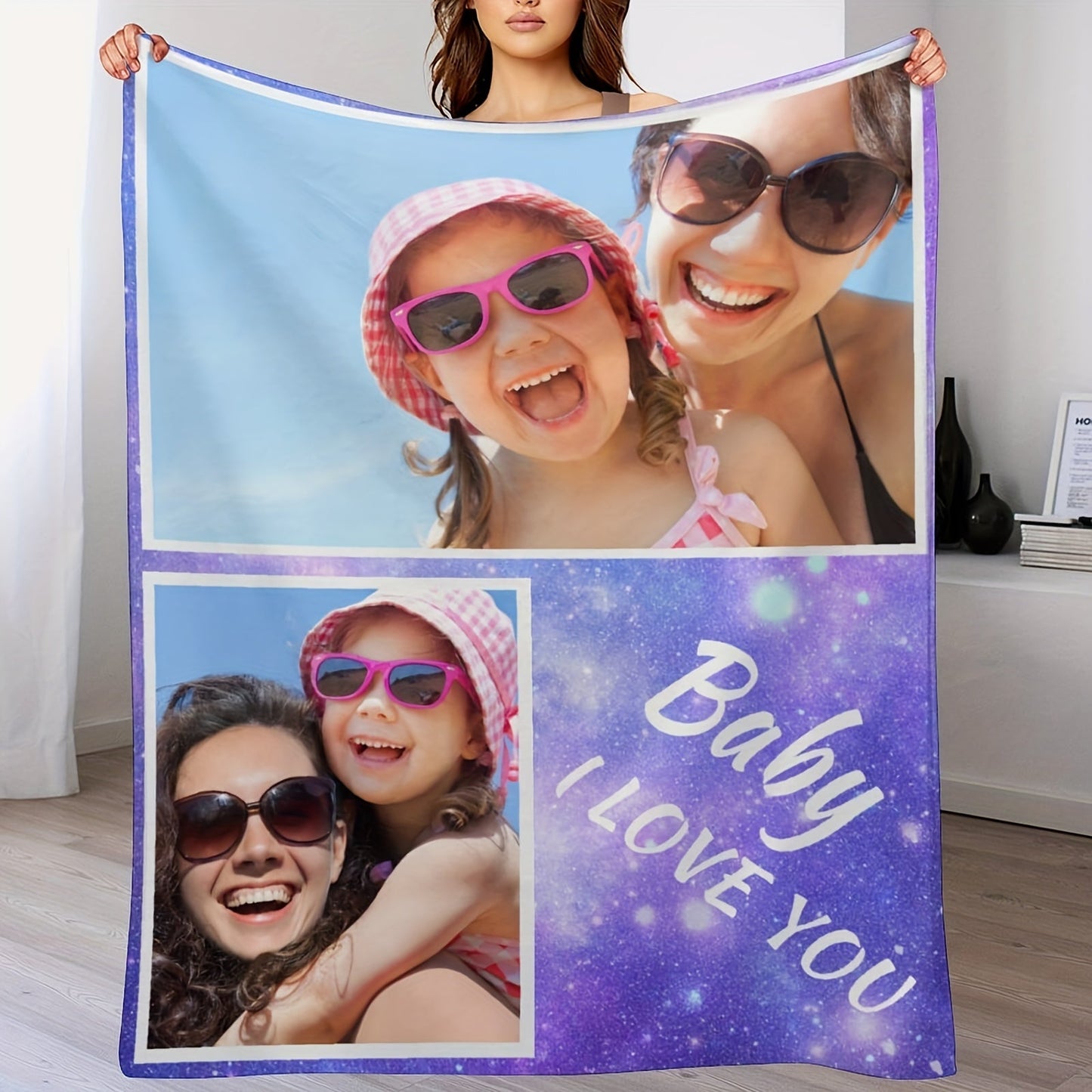 Machine washable purple personalized flannel throw custom photo blanket.