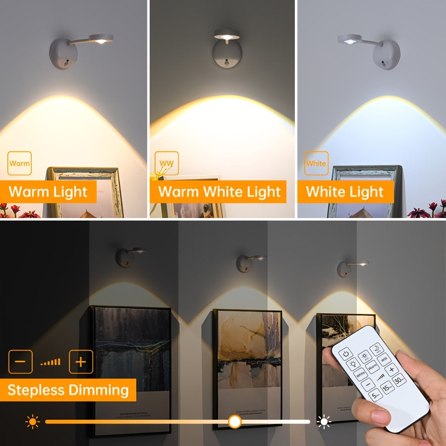 Wall-mounted motion sensor spotlight with remote control, USB rechargeable, adjustable brightness and timer, detachable plastic lamp shade, infrared sensor, battery powered.