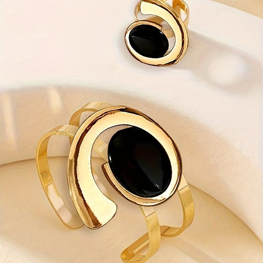 Vintage Iron Jewelry Set - Includes Open Cuff Bracelet and Ring with Geometric Oval Plastic Inlay, Perfect for Daily or Party Wear - 2 Pieces