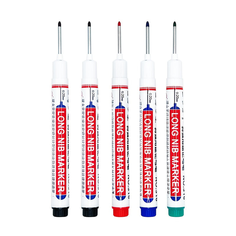 5 waterproof marker pens with long nibs for woodworking, construction, and crafts. Medium point for multi-surface use on wood, plastic, glass, metal, and faux leather. Sleek design and