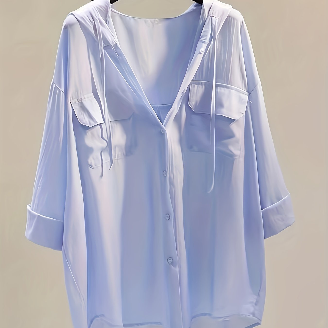 Women's lightweight sun protection shirt with hood, solid color, button-up style with chest pockets, made of semi-sheer polyester, suitable for spring/summer/fall, machine washable.