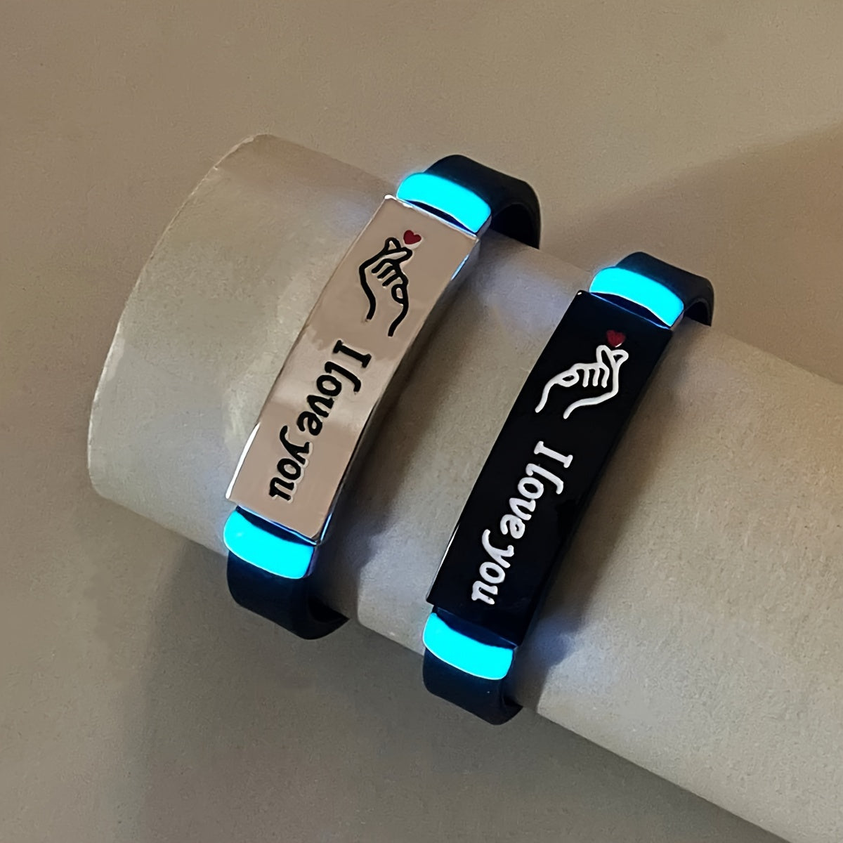 Pair of 2 Glow-in-the-Dark Silicone Couple Bracelets Featuring Hand Heart Gesture