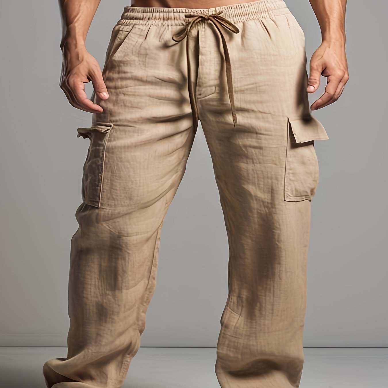 Retro men's cotton and linen drawstring trousers with multiple pockets for outdoor daily wear.