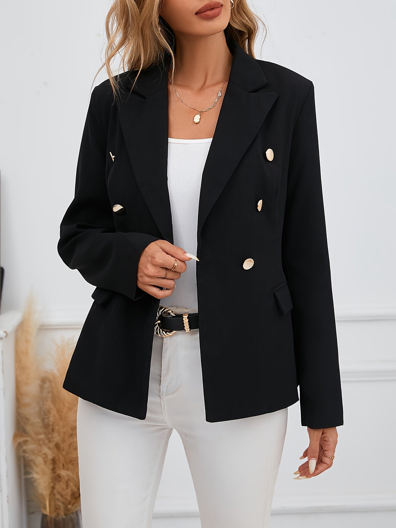 Women's Double Breasted Lapel Blazer for Work and Office