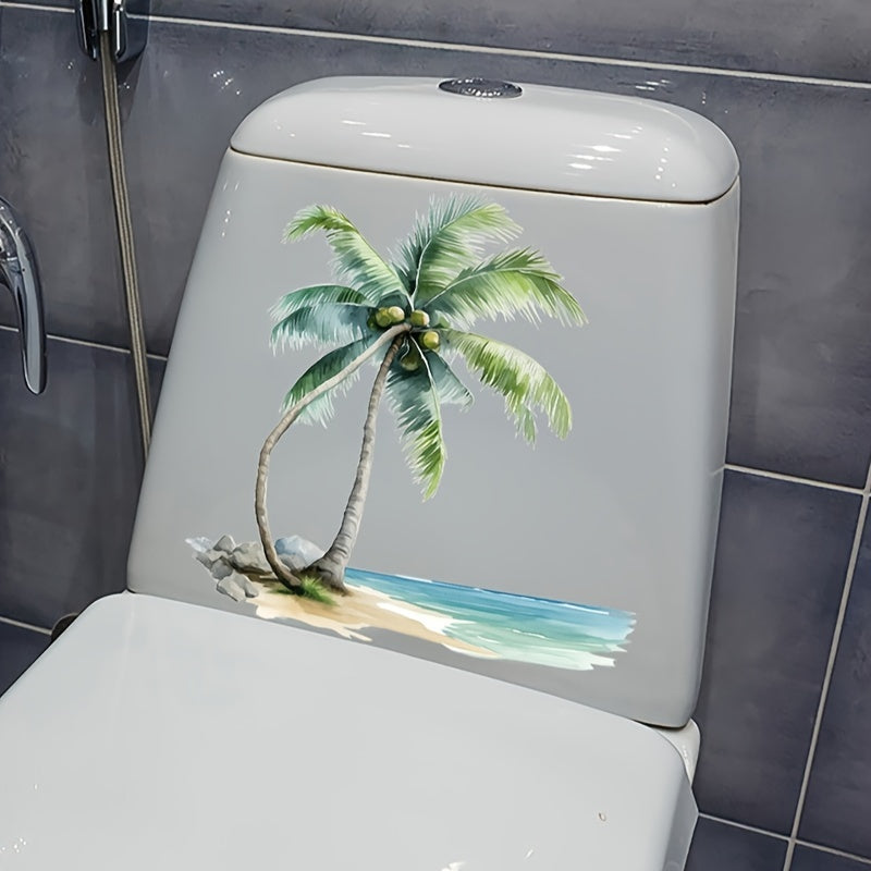 Waterproof bathroom decal featuring an ocean coconut tree design, self-adhesive with matte finish for home decor.