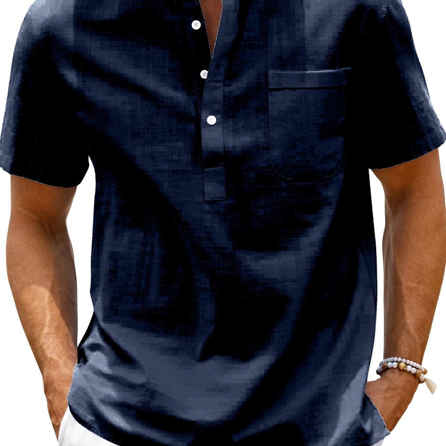 Men's loose fit cotton short sleeve shirt with stand collar and pocket, perfect for summer beach vacation.