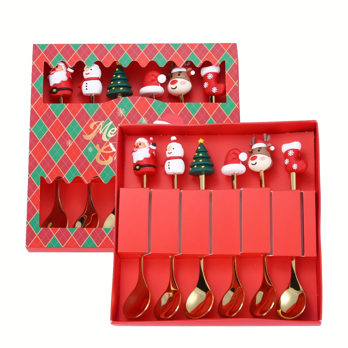 Set of 6 cute doll Christmas spoons, ideal as a Christmas gift. Includes spoons, forks, and coffee spoons featuring Christmas tree designs.