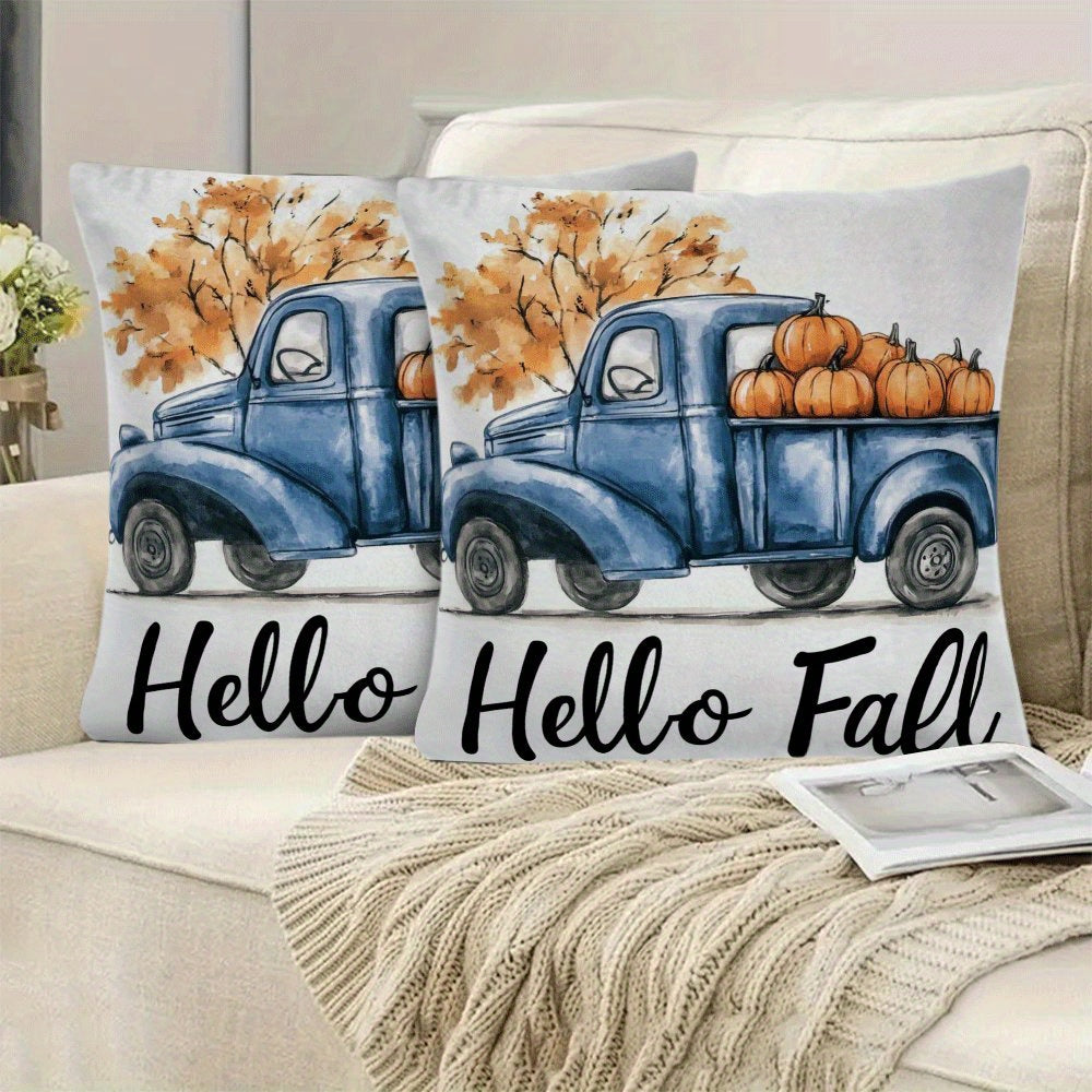 Set of 2 contemporary flannel pillow covers, measuring 45.72x45.72 cm each. These machine washable cushion cases feature a zippered closure and a charming fall pumpkin truck design. Perfect for all seasons, these pillowcases are ideal for back sleepers