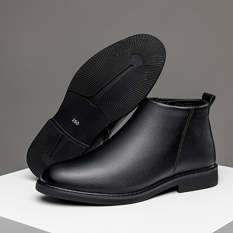 Men's classic mid-top ankle boots with solid color faux, round toe, rubber sole, and slip-on or zippered closure. Suitable for daily wear, parties, and business.