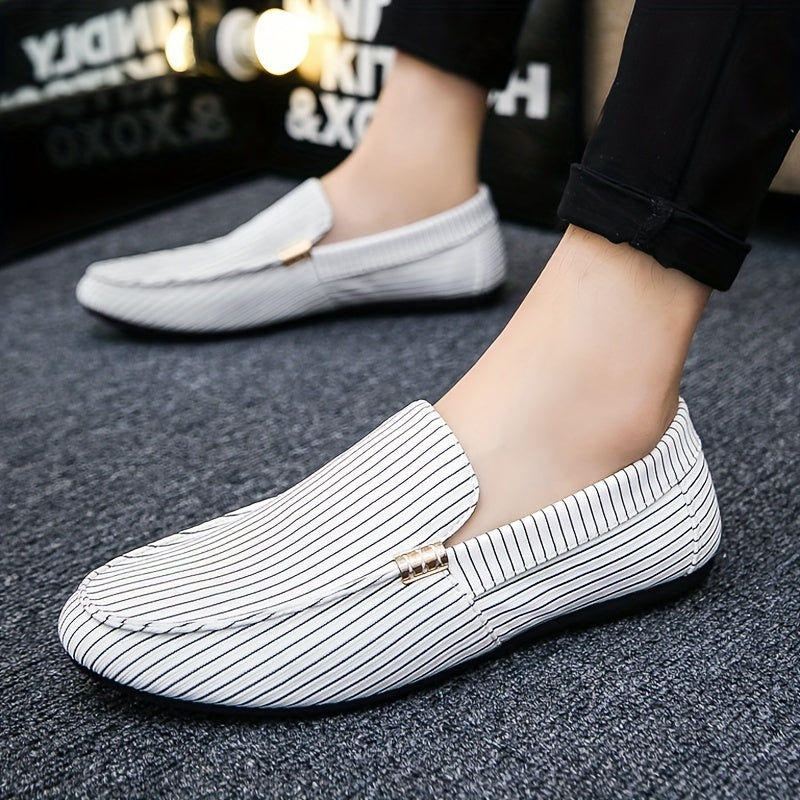 Men's slip-on loafers with stylish black and white geometric pattern, breathable mesh upper, rubber sole, and round toe. Perfect for outdoor wear in all seasons. Durable and comfortable