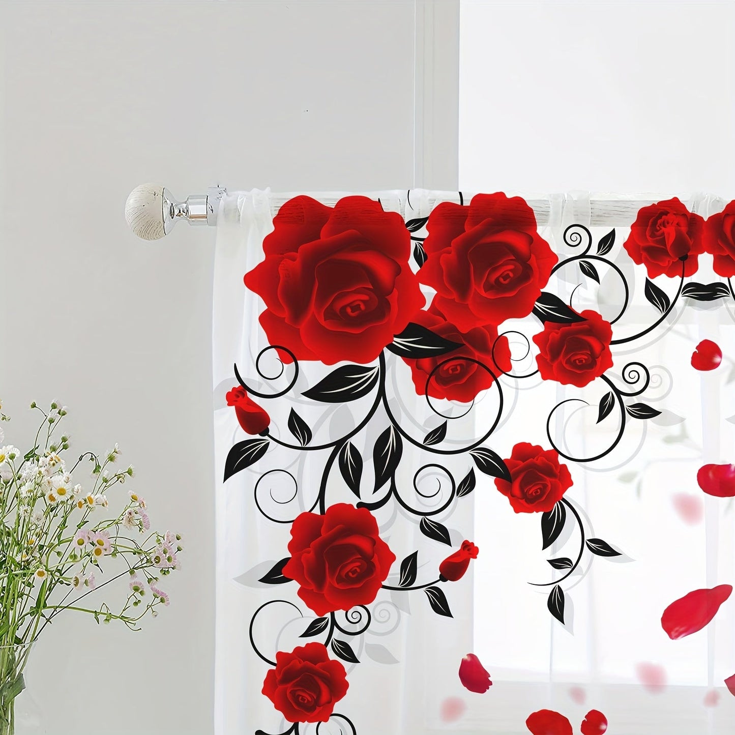 Red Rose Printed Curtain with Rod Pocket for Bedroom, Office, Kitchen, Living Room, Study - Home Decor, Aesthetic Room Decoration