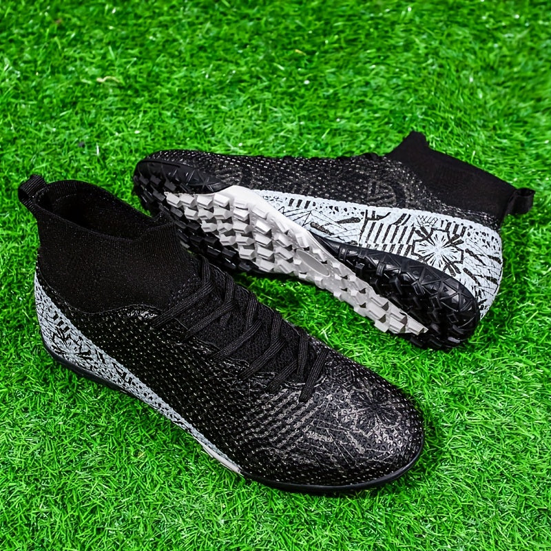 Men's & Women's high-top soccer cleats for artificial grass outdoor sports training. Breathable and non-slip with all-season, all-weather grip. Rubber sole, fabric insole & lining, and