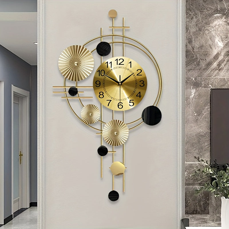 Contemporary Nordic-style wall clock with geometric design, large numbers, and digital display. Battery-powered and perfect for home decor. Iron construction.