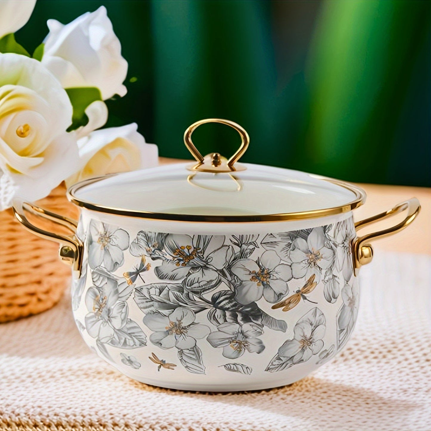 Enamel Soup Pot with Golden Trim - Featuring Dragonfly & Floral Design, Ideal for Home Cooking and Intimate Dinners