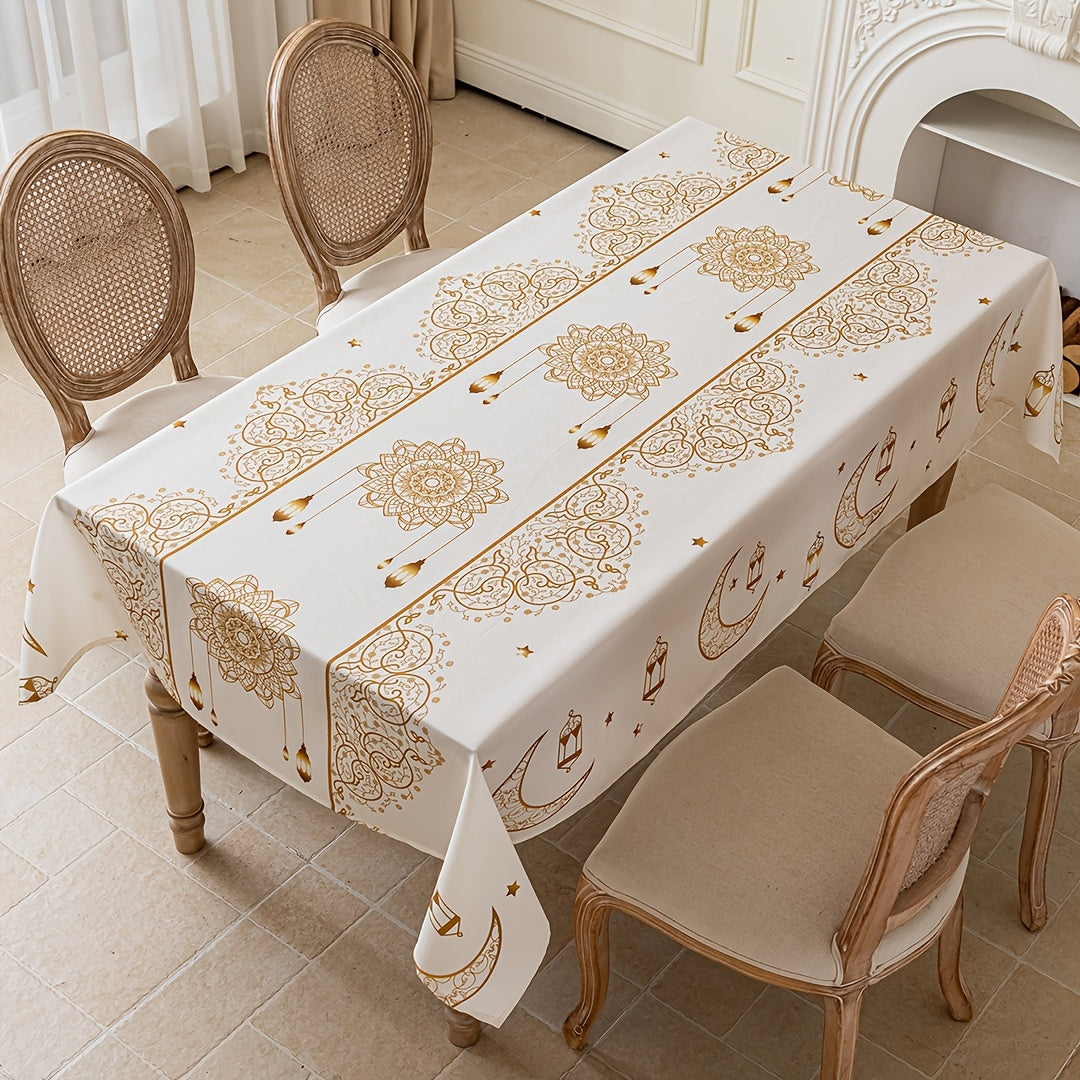 Bohemian Geometric Pattern Ramadan Eid Al-Fitr Tablecloth with Golden Moon and Star Design, made of 100% polyester, suitable for Iftar, parties, festivals, and gifting.