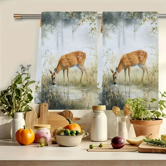 Set of 2 Ultra Soft Kitchen Towels featuring a Serene Deer Grazing Scene. These highly absorbent and machine washable dish hand towels are in a Contemporary Style, measuring 40.64x60.96 cm. Perfect for Holiday Decor and ideal for use as dish towels.