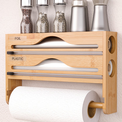 1pc 4-in-1 organizer for foil, plastic wrap, paper towels, and food dispenser with cutter for kitchen storage.