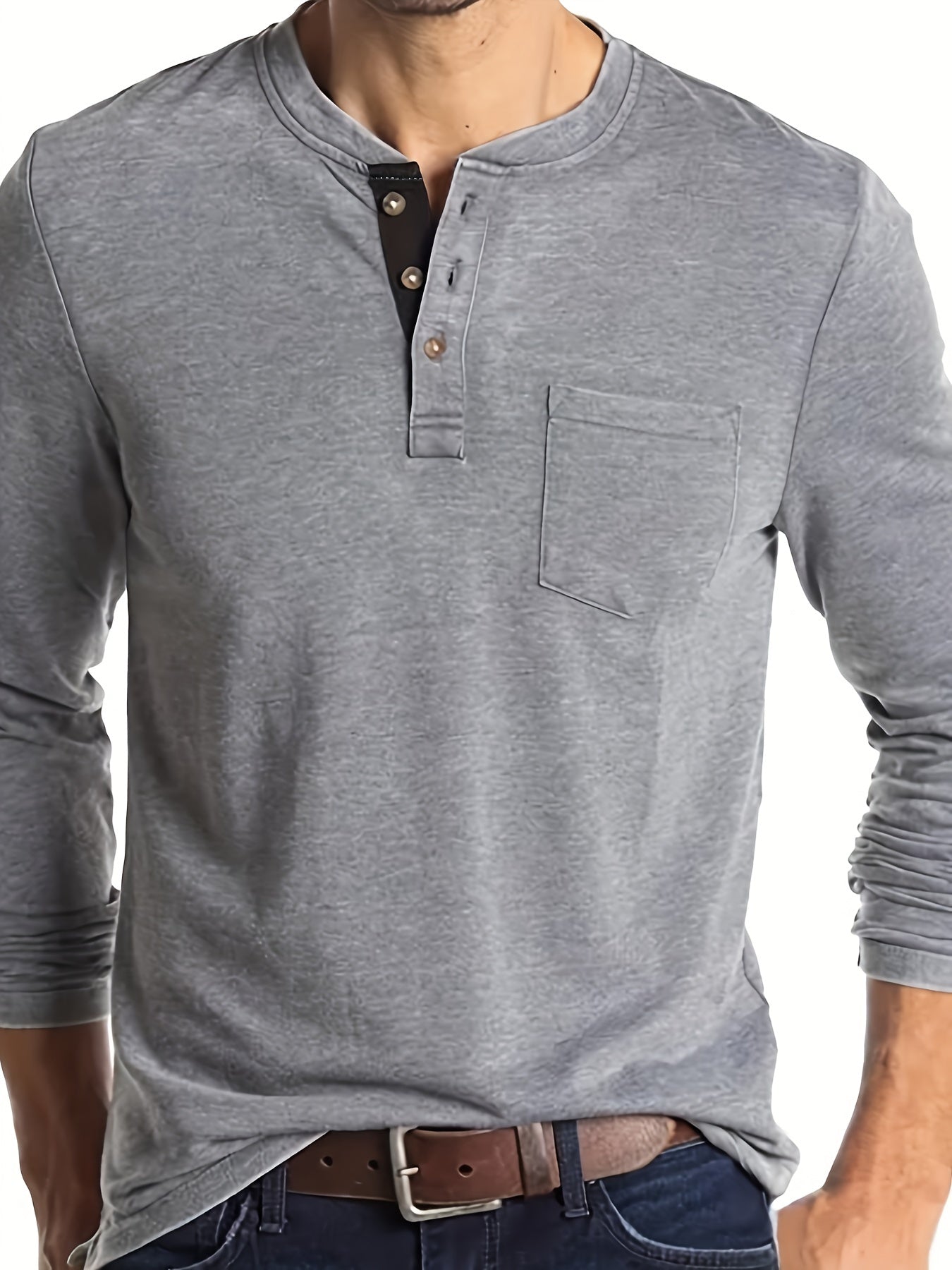 Men's plus size Henley shirt made of a polyester-viscose-spandex blend with a casual polo collar, pocket and slight stretch. Long sleeve slim fit perfect for big and tall adults in spring