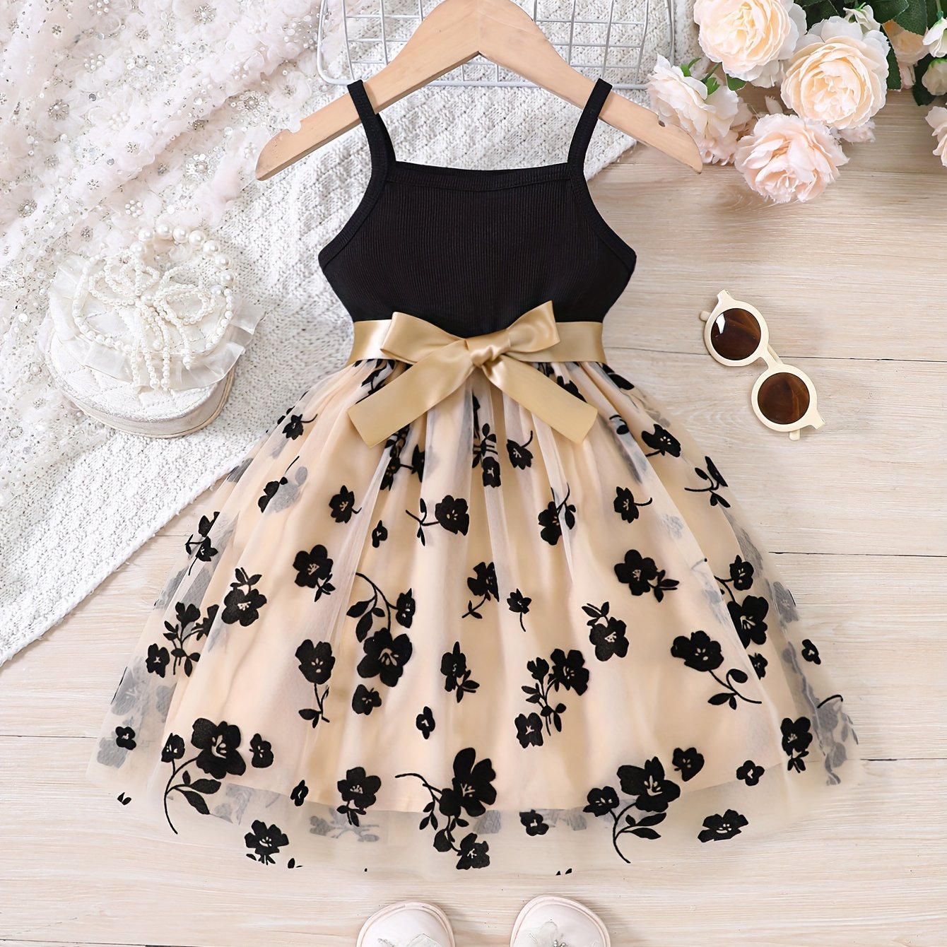 Girls Splicing Flower Graphic Cami Tutu Dress for Summer Party Gift