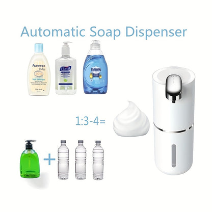 Wall-mounted 380ml Soap Dispenser with USB rechargeable battery offers touchless hand & lotion pump operation. Made of plastic with multi-level foaming press for bathroom use.