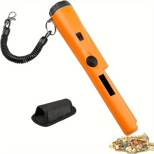 Handheld metal detector pinpointer with high sensitivity for precise treasure hunting, includes belt holster and retractable lanyard.