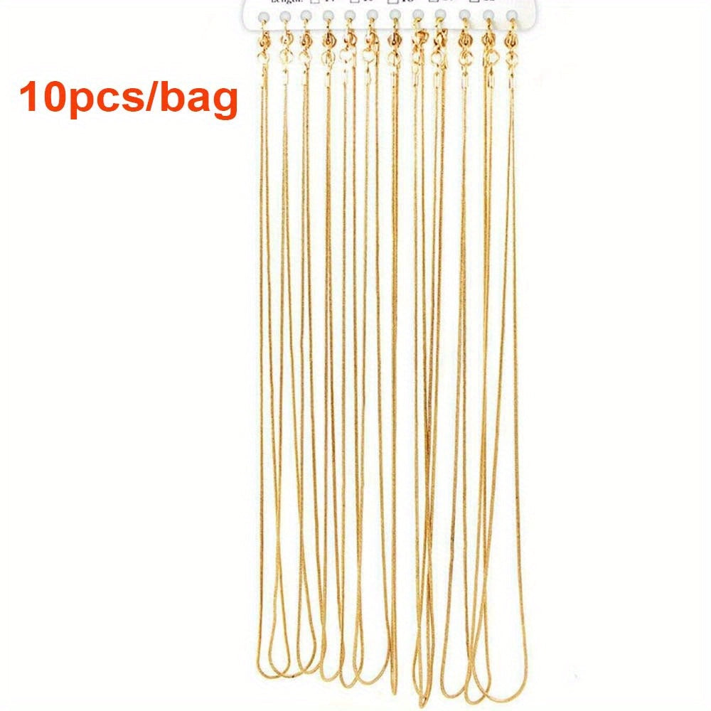 10 pieces of snake chains in Rose Gold, Gold, and Rhodium plating, ranging from 16 to 30 inches in length. Each chain comes with a lobster clasp and is perfect for creating custom jewelry pieces. Great for DIY crafting and jewelry making supplies.