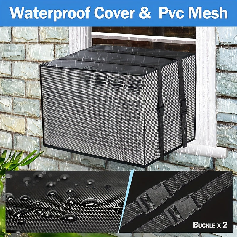 Easily install the waterproof outdoor window AC cover, measuring 43.18cm x 30.48cm x 33.02cm. This cover protects your AC against cottonwood, leaves, and debris with its ventilated mesh design.