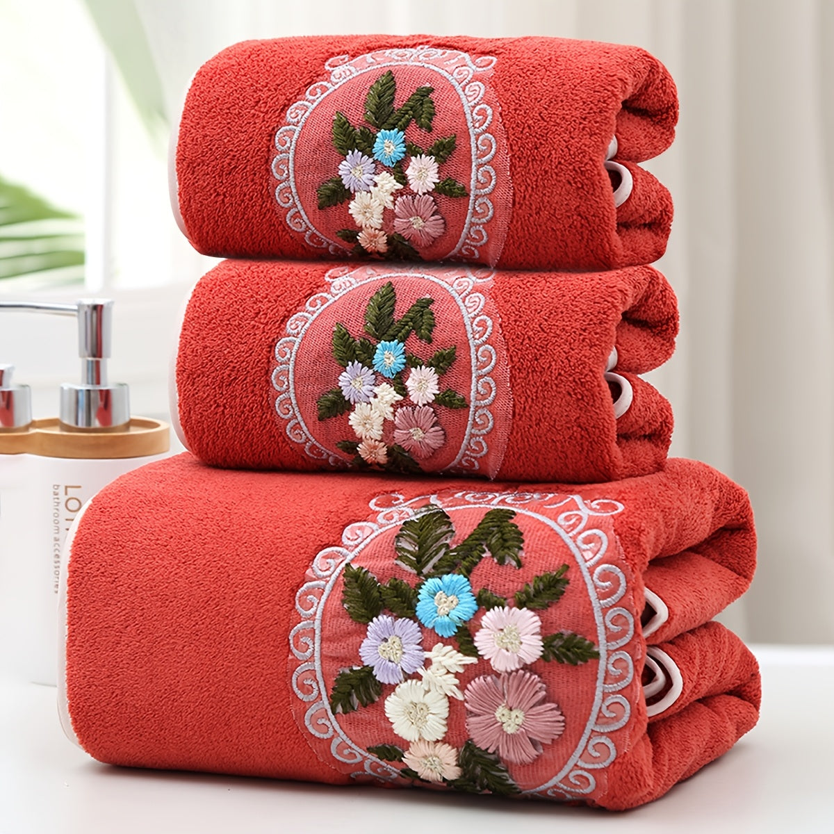 WF gauze flower 2 cents + 1 bath / 3pcs set Coral velvet embroidery towels (2 35*75cm, 1 70*140cm) soft, absorbent, quick-drying bathroom essentials for children and adults, skin-friendly