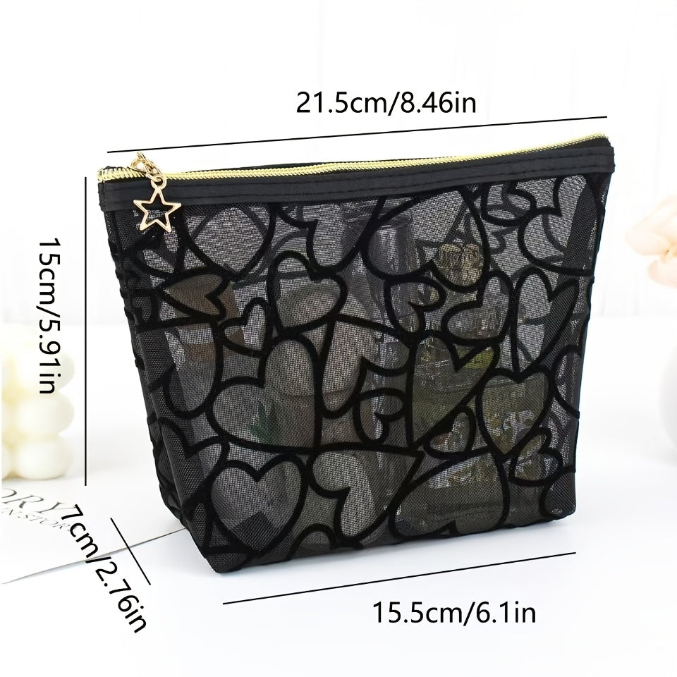 Black waterproof mesh makeup bag with a large capacity, zipper closure, and portable design for travel and toiletries.