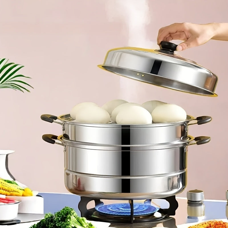 Stainless Steel Steamer Pot with Lid - Versatile Double-Layer Design, Suitable for Induction Cooktops - Perfect for Buns, Mantou, and Soup - Sturdy and Durable Construction, No Electricity Required