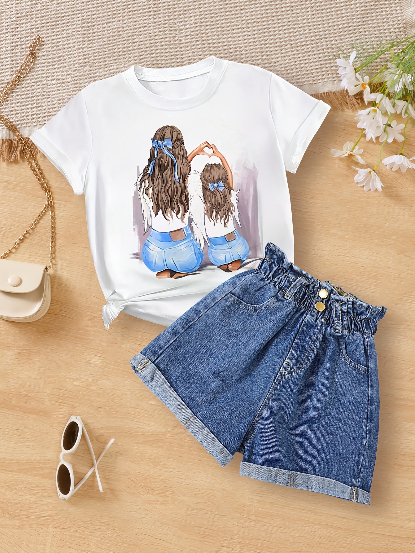 Girls' summer cartoon tee with crew neck, short sleeves, and regular fit. Made from polyester fabric.