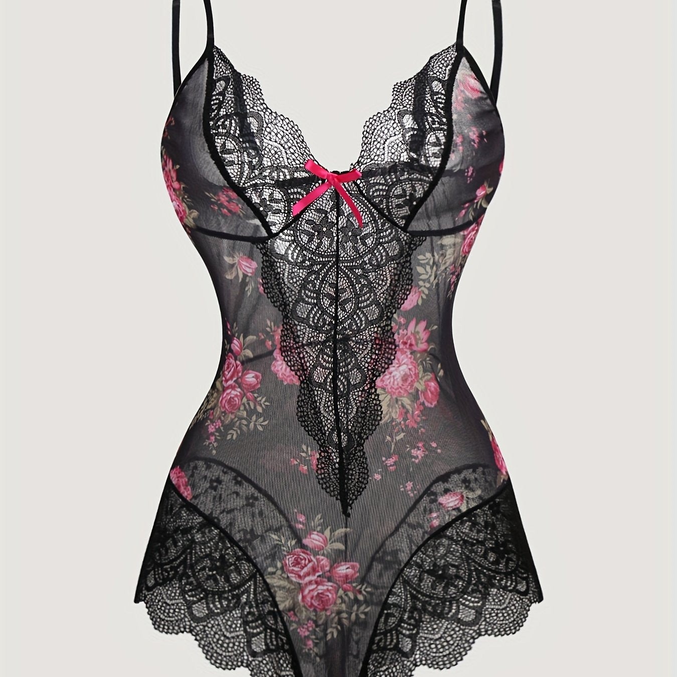 Floral print slip dress with lace bow detailing, sexy and comfortable semi sheer babydoll lingerie for women.