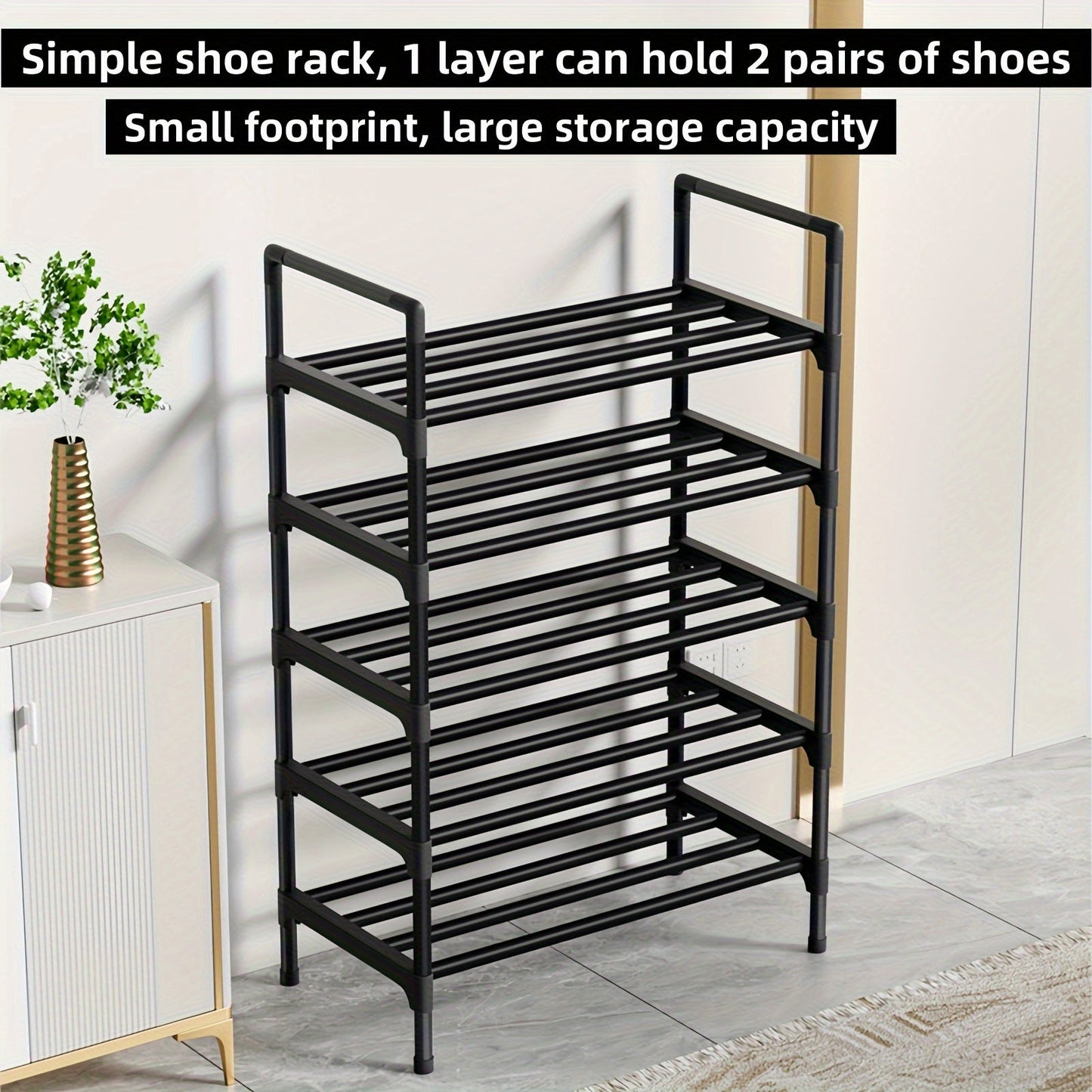 Adjustable 1 to 5 Tier Shoe Rack made of Metal & Plastic, Standalone Organizer for Bedroom, Hallway, Bathroom, Office - Iron Finish Floor Mount Storage Shelf.