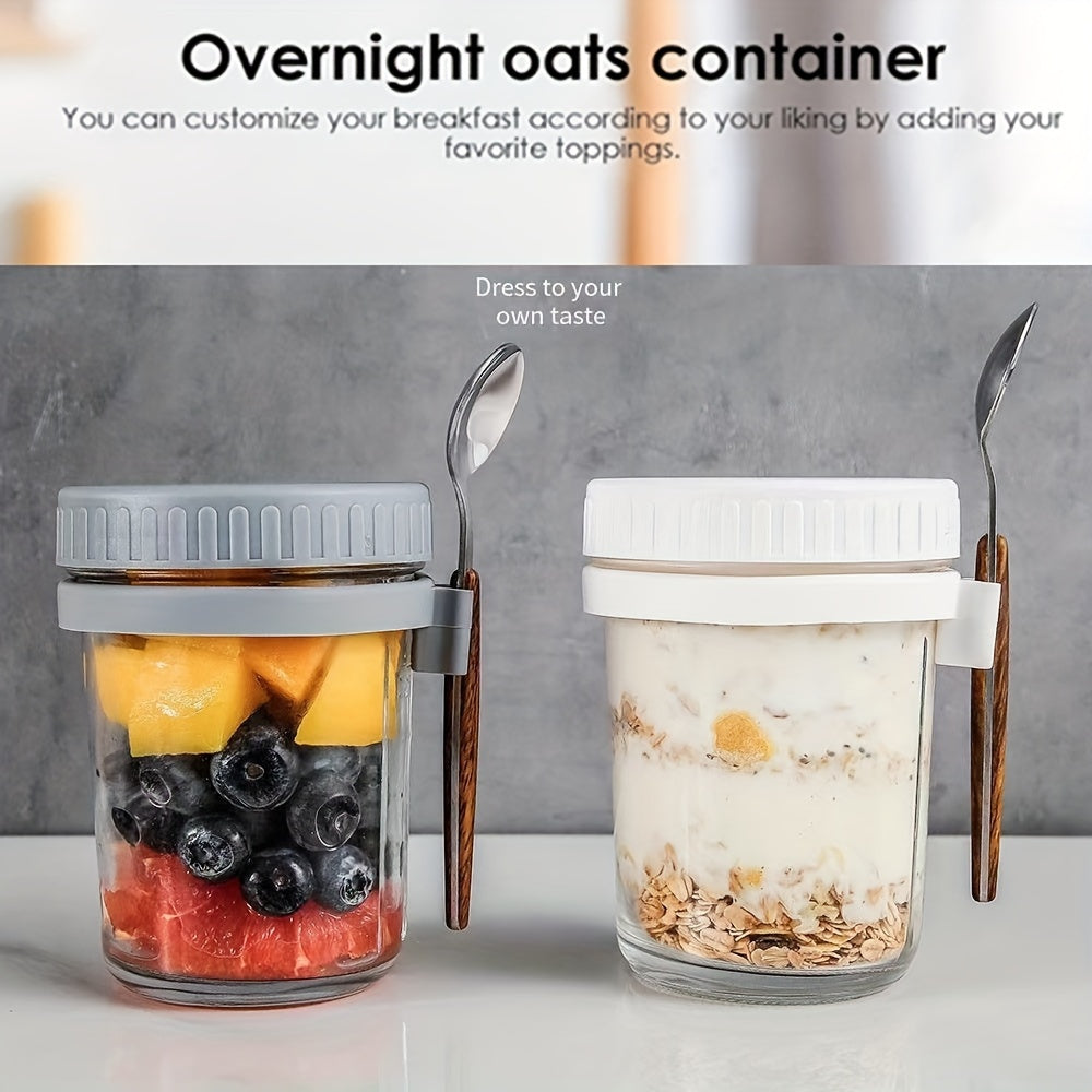 Four pieces of leak-proof storage containers for overnight oats, complete with lids and spoons. These reusable 12 oz glass Mason jars are perfect for storing milk, cereal, fruit, and yogurt. The large capacity airtight jars are essential kitchen