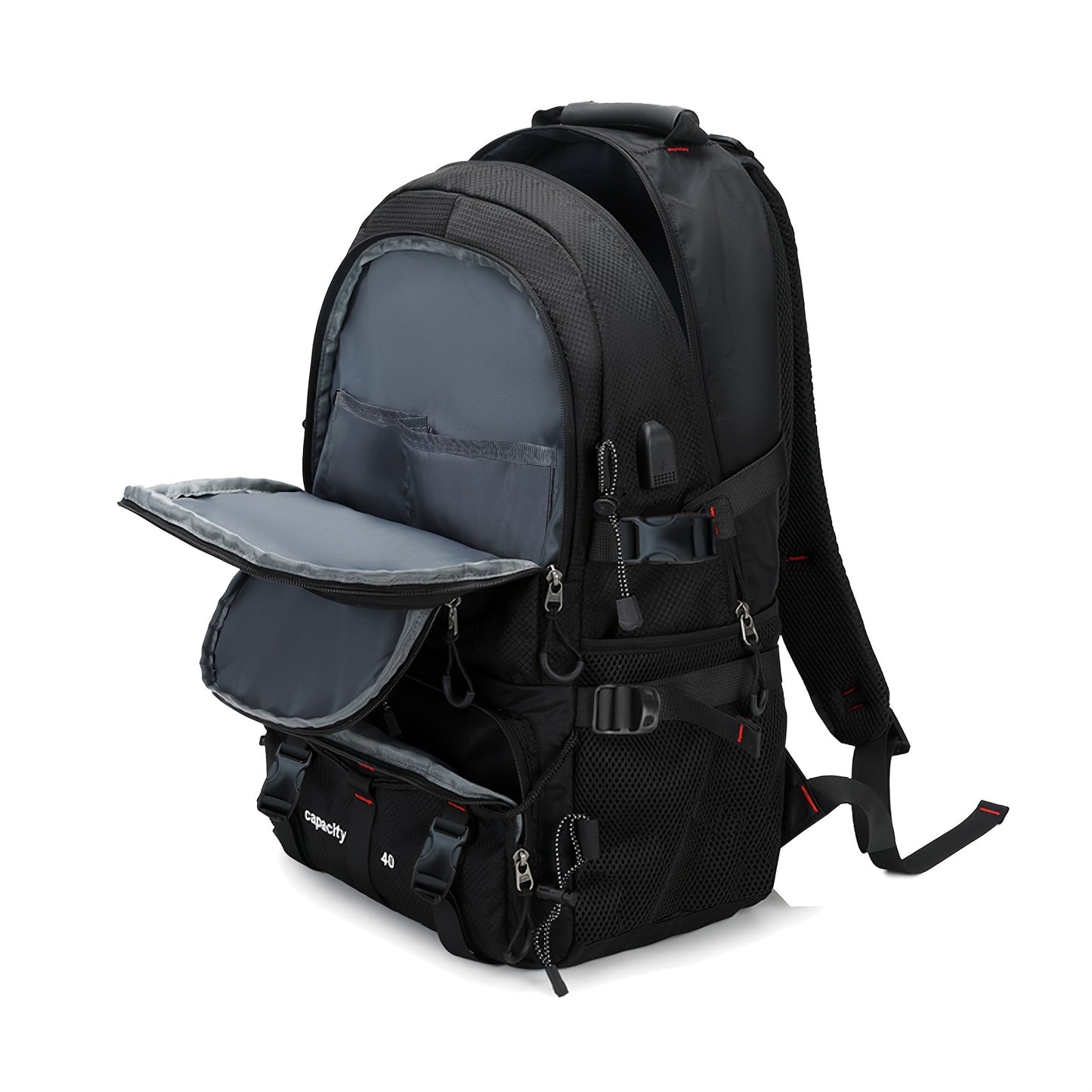 Durable polyester backpack with USB charging port, fits 17-inch laptop, ideal for hiking, camping, and travel.