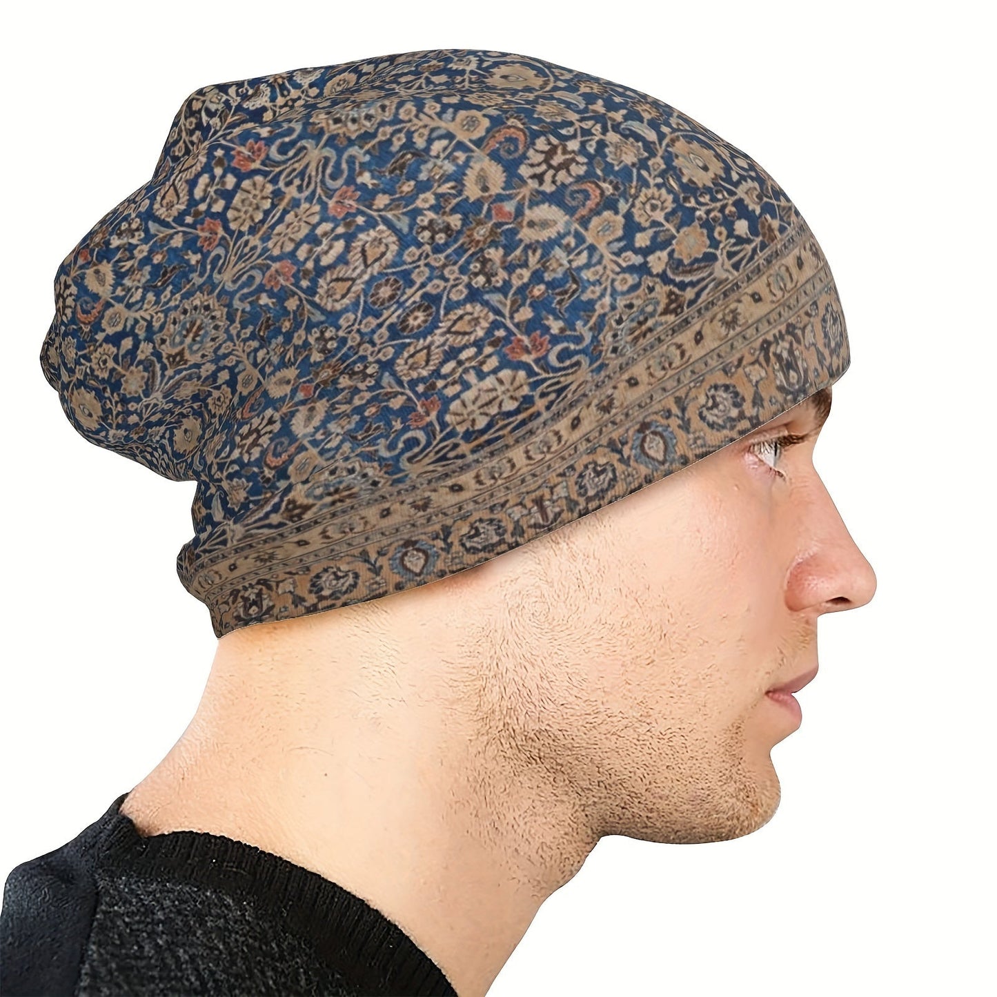 Beanie Inspired by Antique Tabriz Persian Rug, Boho-Chic Style - Soft, Stretchy Skull Cap for Men & Women, Machine Washable with Floral Print