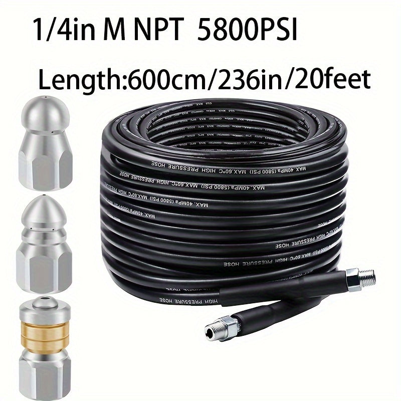 1 Set Sewer Jetter Kit for Pressure Washer Drain, 5800PSI Hose with 3pcs 5000PSI Sewer Jetter Nozzle.