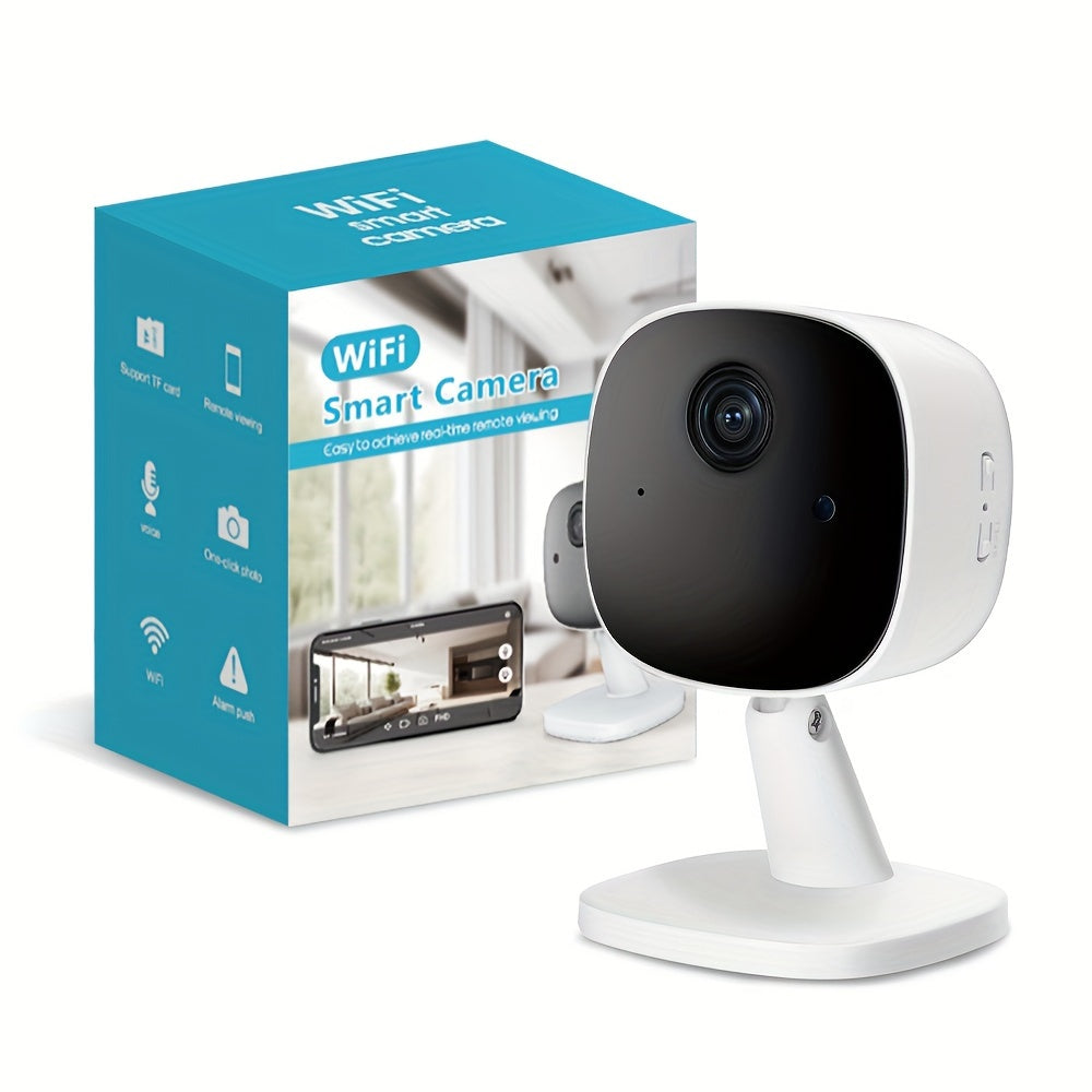 1080P HD WiFi camera with voice intercom, night vision, motion alerts, and remote mobile viewing. USB powered for indoor/outdoor surveillance. Sleek white design with high-definition lens