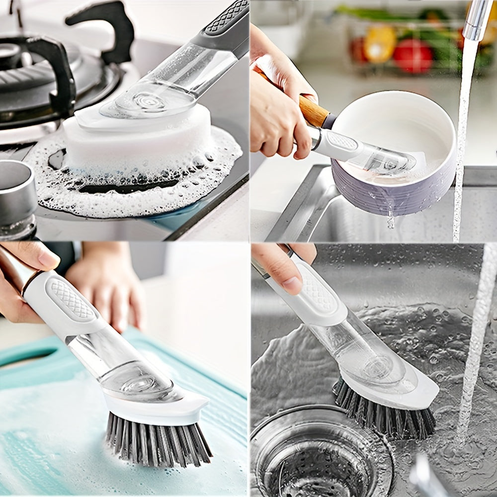 Kitchen Cleaning Brush Set with Soap Dispenser includes three multifunctional brushes. The long handle and removable sponge make it perfect for cleaning dishes and more. The durable nylon bristles ensure a thorough clean while the space-saving design