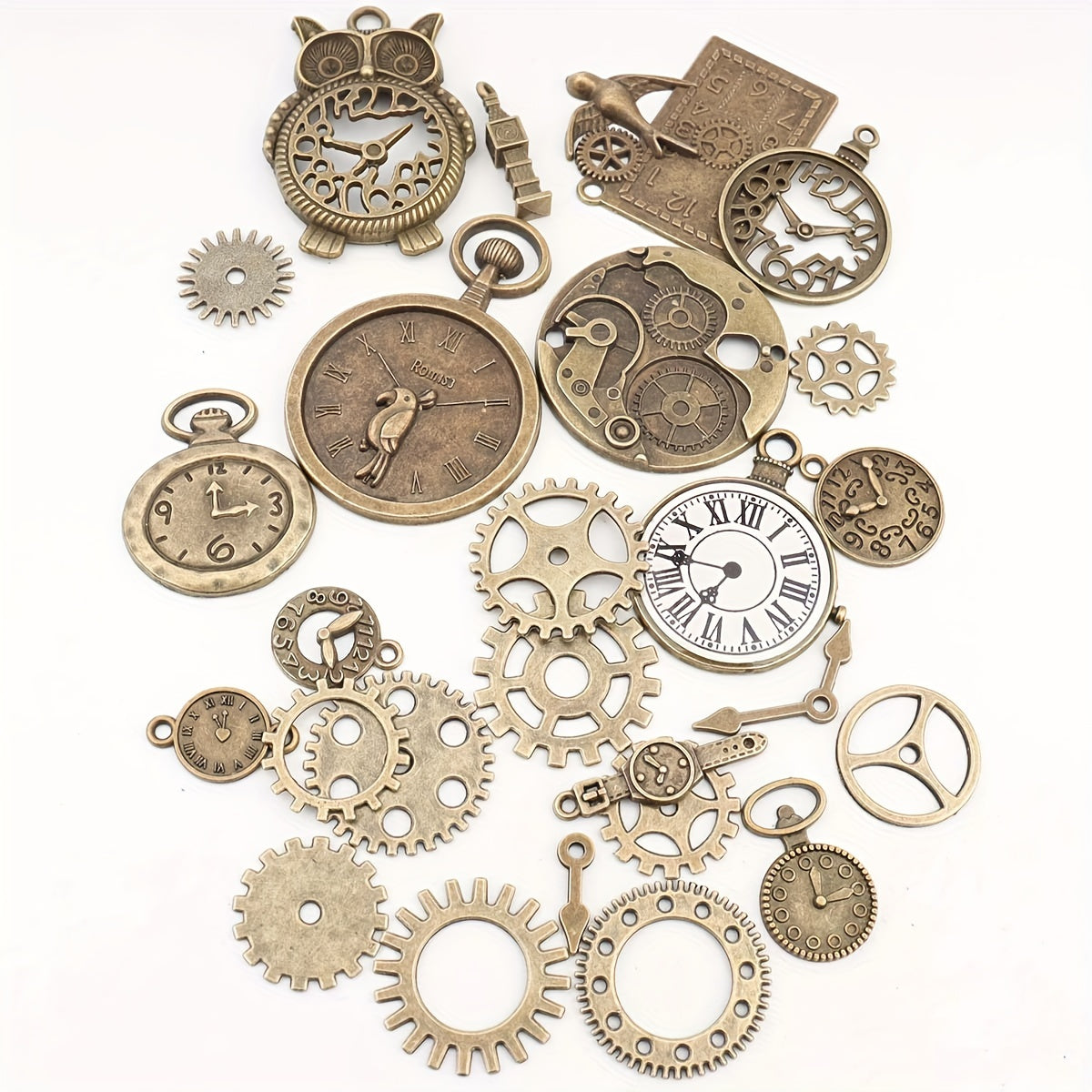 [Best-Selling] Set of 160 Vintage Bronze Alloy Charms - Steampunk Mechanical Gear & Clock Pendants for DIY Jewelry Making, Retro Style with Antique Bronze Finish