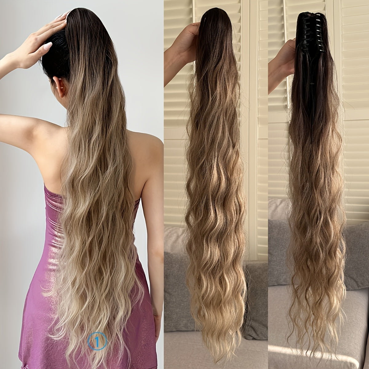 Ombre water wave heat resistant synthetic ponytail hairpiece for girls and women for parties and daily use, 81.28 cm long.