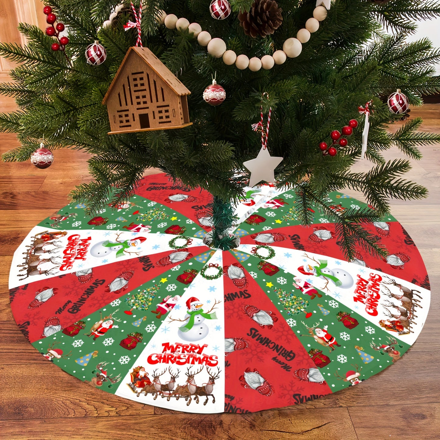 Festive Santa Claus snowflake Christmas tree skirt - Ideal for holiday parties and home decor.