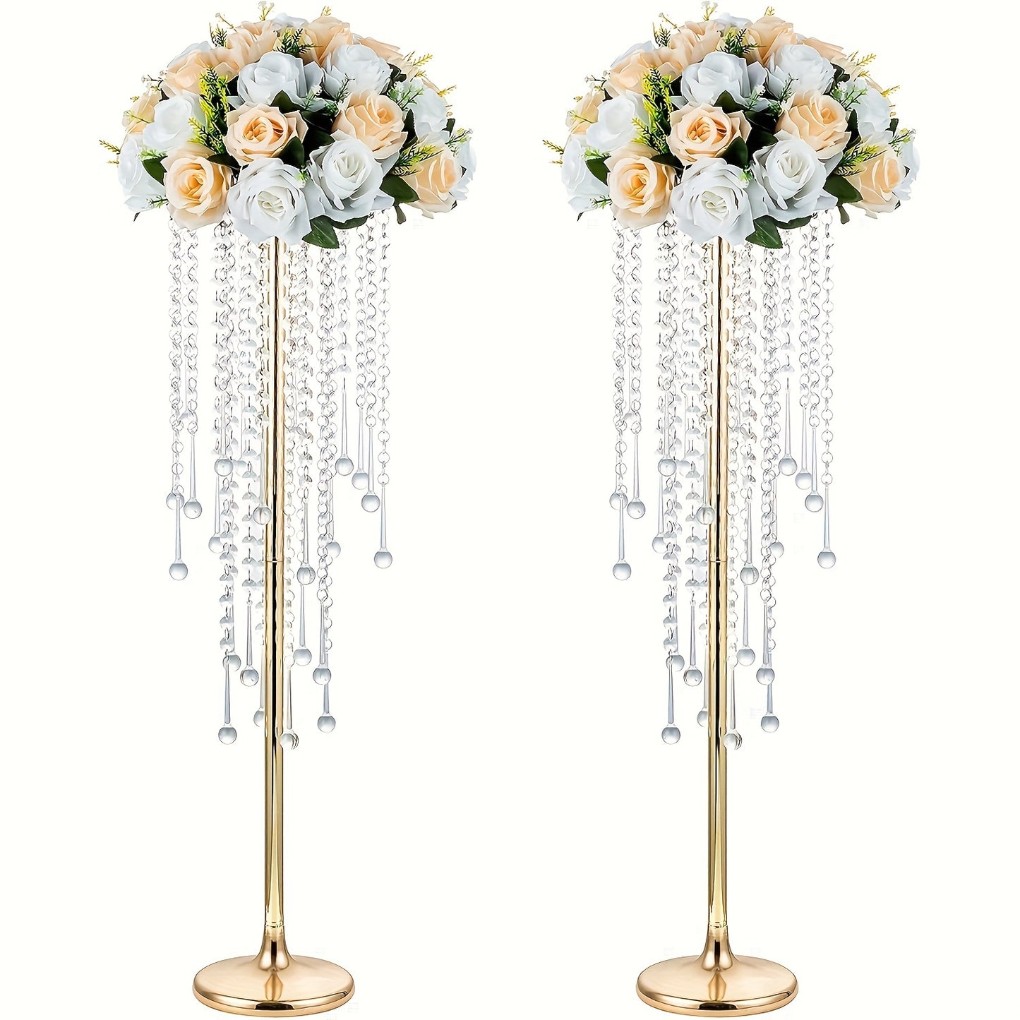 2 crystal flower stands for wedding centerpieces, metal holders for tabletop flower arrangements at reception ceremonies.