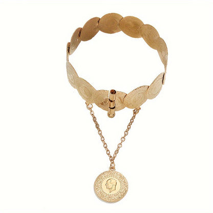 Trendy Tribal-Inspired 22K Gold-Plated Bangle Bracelet with Copper Alloy Coin Links, Perfect for Women to Wear Everyday or for Special Occasions