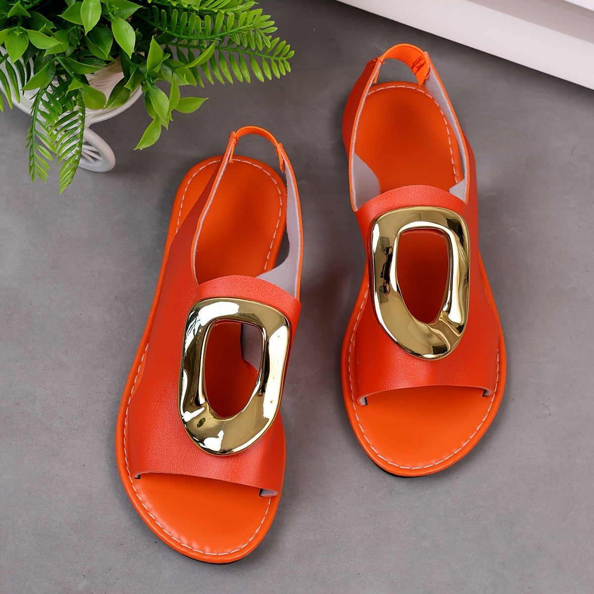 Flat, Lightweight Solid Color Sandals with Metallic Buckle Ankle Strap, Comfortable Beach Shoes