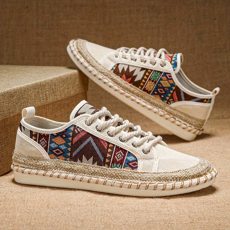 Trendy tribal sneakers with lace-up design, lightweight espadrilles, durable non-slip sole, breathable summer shoes for women.