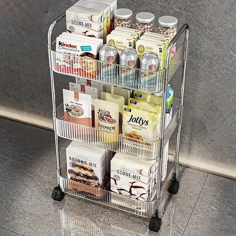 3-Tier rolling storage cart with easy assembly, durable acrylic organizer for snacks, beauty, and personal care products. Ideal for bathroom, office, and laundry room.