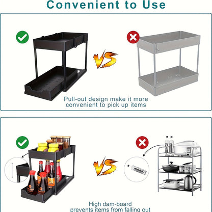 Pull-Out Drawer Under Sink Organizer with 2 Tiers, Plastic Sliding Cabinet Basket Featuring Hooks, Versatile Storage Rack for Bathroom and Kitchen, Ready to Use - No Assembly Needed